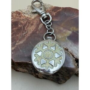 Keychain Pocket Watch Sparkling Snowflake Silver Tone New Battery